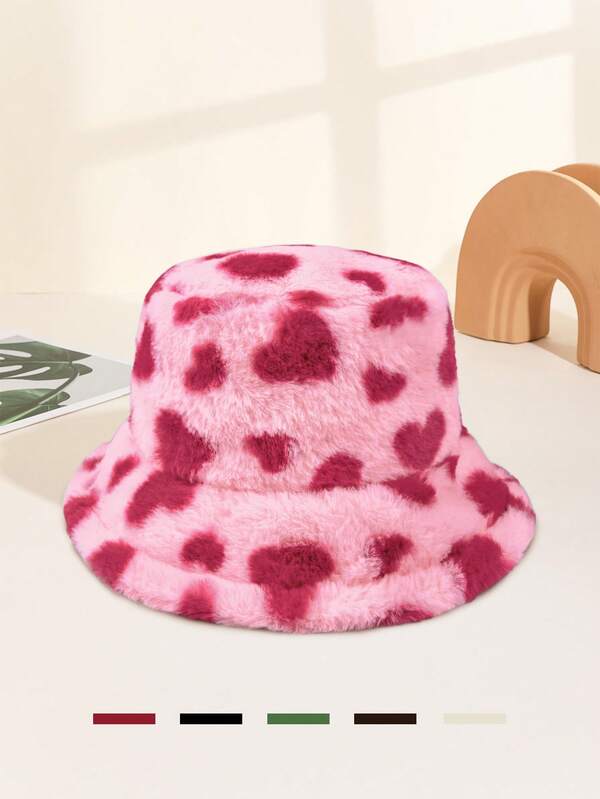 قبعة دلو من الفليس بنمط قلب للنساء، قبعة دافئة وشاملة للاستخدام الخارجي مقاومة للرياح وتحمي الأذن، مناسبة للشتاء