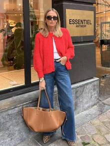 Damen Roter Gestrickter Langarm Cardigan, Ausgeschnittener Kragen mit Knopfdetails, Raglanärmel Top in Normallänge, Nicht-Dehnbarer Stoff, Bequem für den Alltag