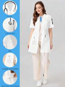 cimmuovere Women's Long Sleeve V-Neck Scrubs Nurse Scrubs Workwear Dentist Healthcare Pet Hospital Laboratory Coat White Spring - White - View 3