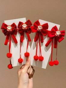 2/4个装女孩红色蝴蝶结吊坠发夹，适合作为圣诞节和新年礼物送给女孩