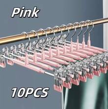 5-10Pcs Pants Hangers With Clips Adjustable Skirt Hangers For Women Non-Slip Trousers Hanger For Jeans Clothes Hangers For Pants - 粉色 - 查看 13