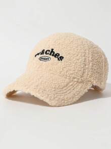 Classic Solid Color Faux Shearling Embroidered Letter Baseball Cap, Fashionable Outdoor Upgrade Women's Charm, Versatile Fluffy Baseball Cap, Embroidered Letter Casual Streetwear Party Cap, Polyester, Autumn/Winter