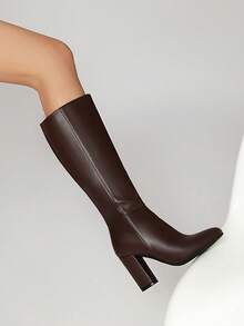 优雅尖头侧拉链粗跟及膝靴，时尚高跟鞋，百搭户外穿着，秋冬 - 棕 - 查看 2