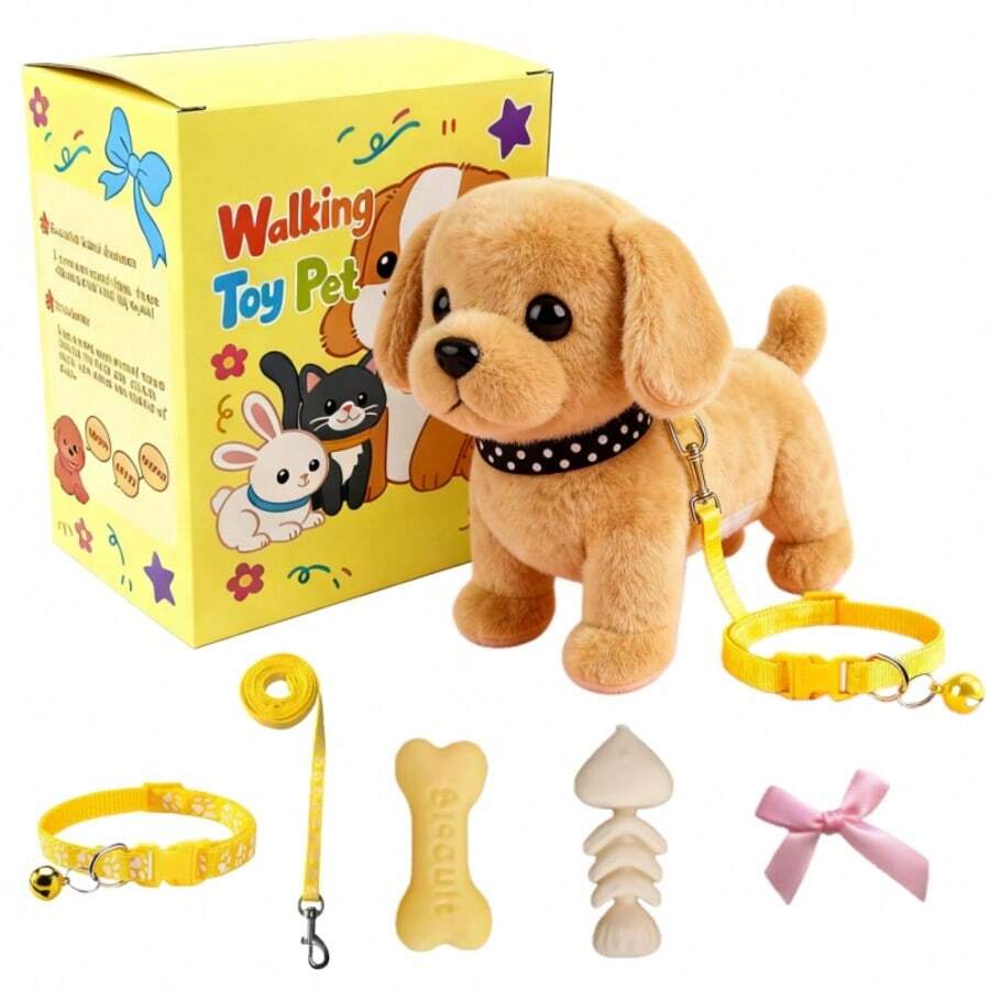 Electric Plush Puppy Toy | Interactive Robot Dog | Walking, Barking, Tail-Wagging & Stretching | Baby 0+ | Comes With Leash, Bone, Fishbone & Bow Accessories | Fun Companion Toy | Birthday, Christmas & Halloween Gift - Brown - View 1