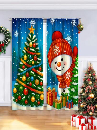 2PCS Christmas-Themed Brushed Fabric Digital Print Curtains, Lively And Playful Style Design With Blue Background, Snowman, Christmas Tree And Colorful Gifts, Rod Pocket Installation, Semi-Transparent Polyester Fiber Material, Suitable For Living Room, Kitchen, Bedroom, Dining Room, Filling Your Home With Festive Atmosphere