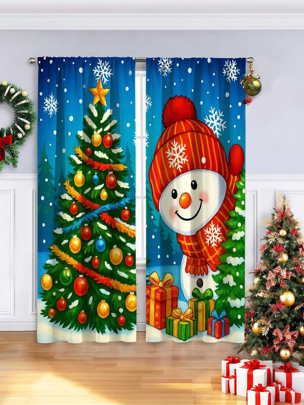 2PCS Christmas-Themed Brushed Fabric Digital Print Curtains, Lively And Playful Style Design With Blue Background, Snowman, Christmas Tree And Colorful Gifts, Rod Pocket Installation, Semi-Transparent Polyester Fiber Material, Suitable For Living Room, Kitchen, Bedroom, Dining Room, Filling Your Home With Festive Atmosphere