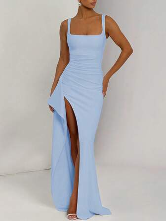 女士优雅性感开衩紧身连衣裙，适合春夏派对、晚宴、节日和度假穿着，蓝色长裙