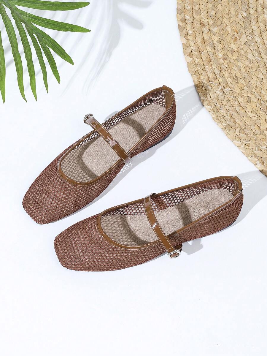 Bailarinas de malla para mujer, zapatos cuadrados transpirables tipo abuela, zapatos planos de suela blanda