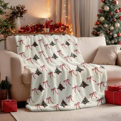 1pc Christmas Theme Flannel Blanket, Soft Plush Flannel Blanket With Printed Christmas Tree And Bow Decor Pattern, Comfortable For Sofa, Bed, Leisure, Ideal Gift For Adults And Wife