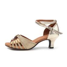 Women Gold Glitter Latin Dance Shoes, Mid-Heel With Ankle Strap And Rubber Sole, Suitable For Both Indoor And Outdoor Ballroom Salsa Dancing