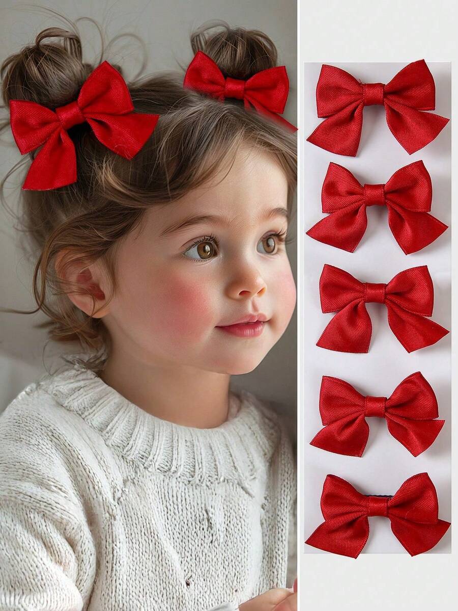 Set de 5 pinzas para el cabello con moños de tela roja para niñas, pinzas de pato, pinzas para el flequillo con bordes blancos, accesorios para el cabello, adecuados para Navidad, Día de San Valentín y uso diario - Rojo - Ver 1