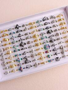 Set de 10 anillos de pareja, anillos de boda de acero inoxidable con cristal en forma de corazón, unisex, accesorios para fiesta - Anillo par de diamantes en garra - Ver 16