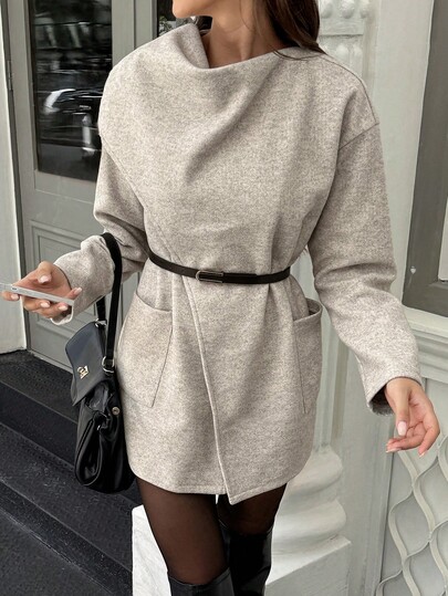 Écharpe Châle Floral Chiffon Bouton Caché Poche Manteau en Laine