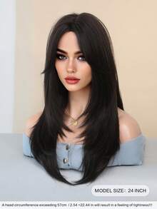 Elegant-24 Inch Layered Dark Brown Wigs For Women,Long Straight Wigs With Curtain Bangs, High Density Fluffy Synthetic Heat Resistant Fiber Hair Wig For Daily Party Wear, Music Festival Party Use - 黑棕色 - 查看 2
