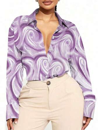 大码女式优雅大理石印花长袖工作衬衫，秋冬长袖衬衫