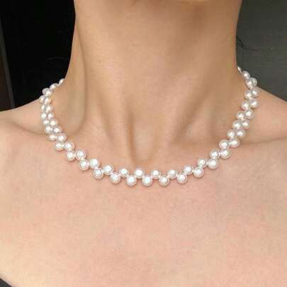 1PC Double Strand Flat Freshwater Pearl Necklace – White Natural Pearls | Wedding Jewelry | Handmade | Ultra Shiny