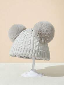 1pc Baby & Kids Core-Spun Yarn Cuffed Beanie Hat, Warm Outdoor Cap For Autumn/Winter - Grey - View 2