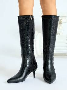 Botas femininas de cano alto, confortáveis e versáteis, em cores sólidas, com salto alto, estilo cowboy, perfeitas para outono/inverno e Halloween. - Preto - Ver 4