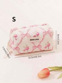 1pc/Set Pink Bow & Rose Quilted Cosmetic Bag, Fashion Portable Makeup Bag, Multi-Functional Storage Pouch For Lipstick, Sanitary Napkin, Coins, Keys, Large Capacity Cute Toiletry Bag, Travel Organizer - Multicolor - View 15