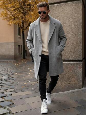 Men's Fashionable Solid Color Long Sleeve Trench Coat, Button Design, Men's Casual Minimalist Stylish Windbreaker, Comfortable & Versatile, Daily Warmth, Suitable For Work