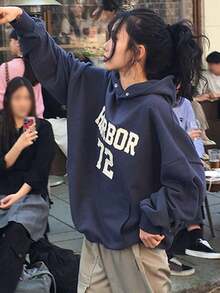 Winter Clothes For WomenDAZY 1pc Women Hoodie With Letter Applique, Oversized & Thermal Lined,Fall Women Clothes SweatshirtLoose And Comfortablehoodie Christmas Sweatshirt - 藏蓝色 - 查看 1