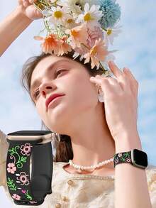 Floral Band Compatible With Watch Bands For Women 40mm 41mm 38mm 42mm 44mm 45mm 46mm 49mm, Engraved Cute Flower Silicone Dressy Strap For Watch Series 11 10 9 8 7 6 5 4 3 2 SE Ultra 3/2/1