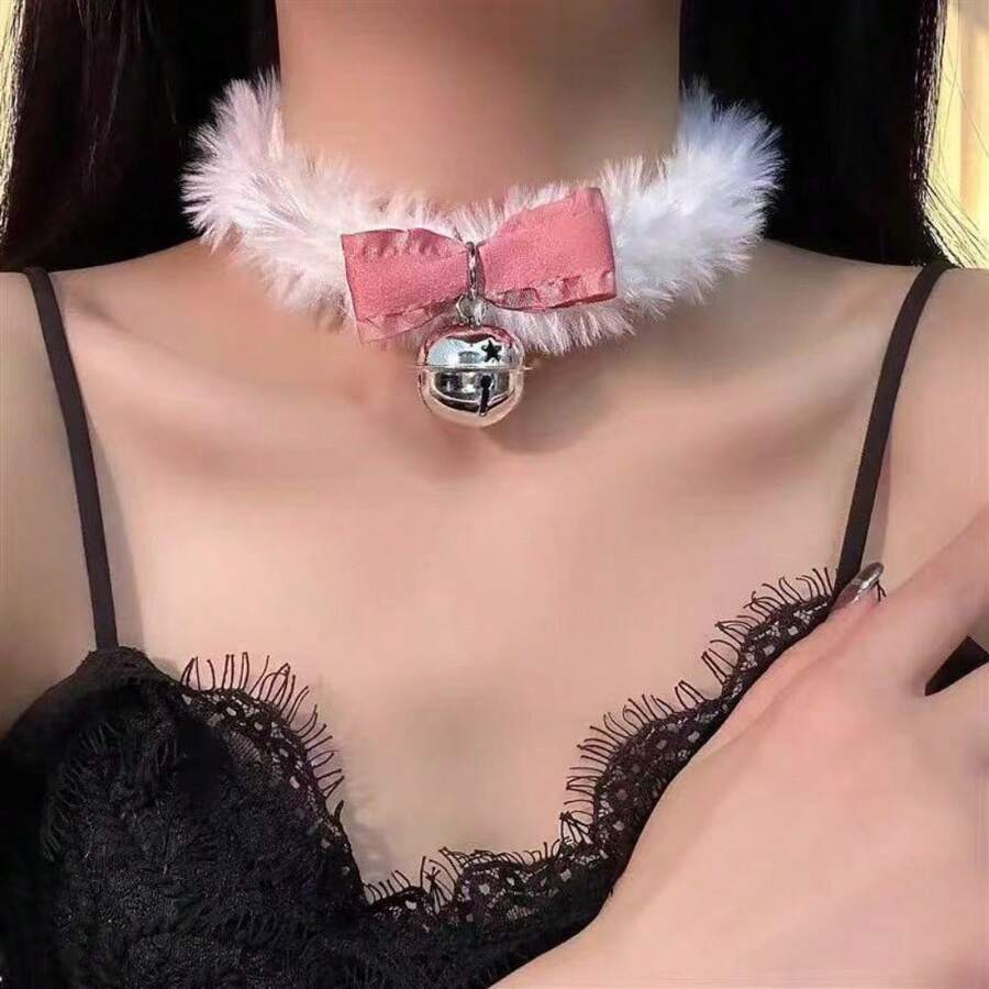 Hairy Bell Collar Women's Winter, Bow Plush Choker Necklace, Light Luxury Christmas Accessories - 白色 - 查看 1