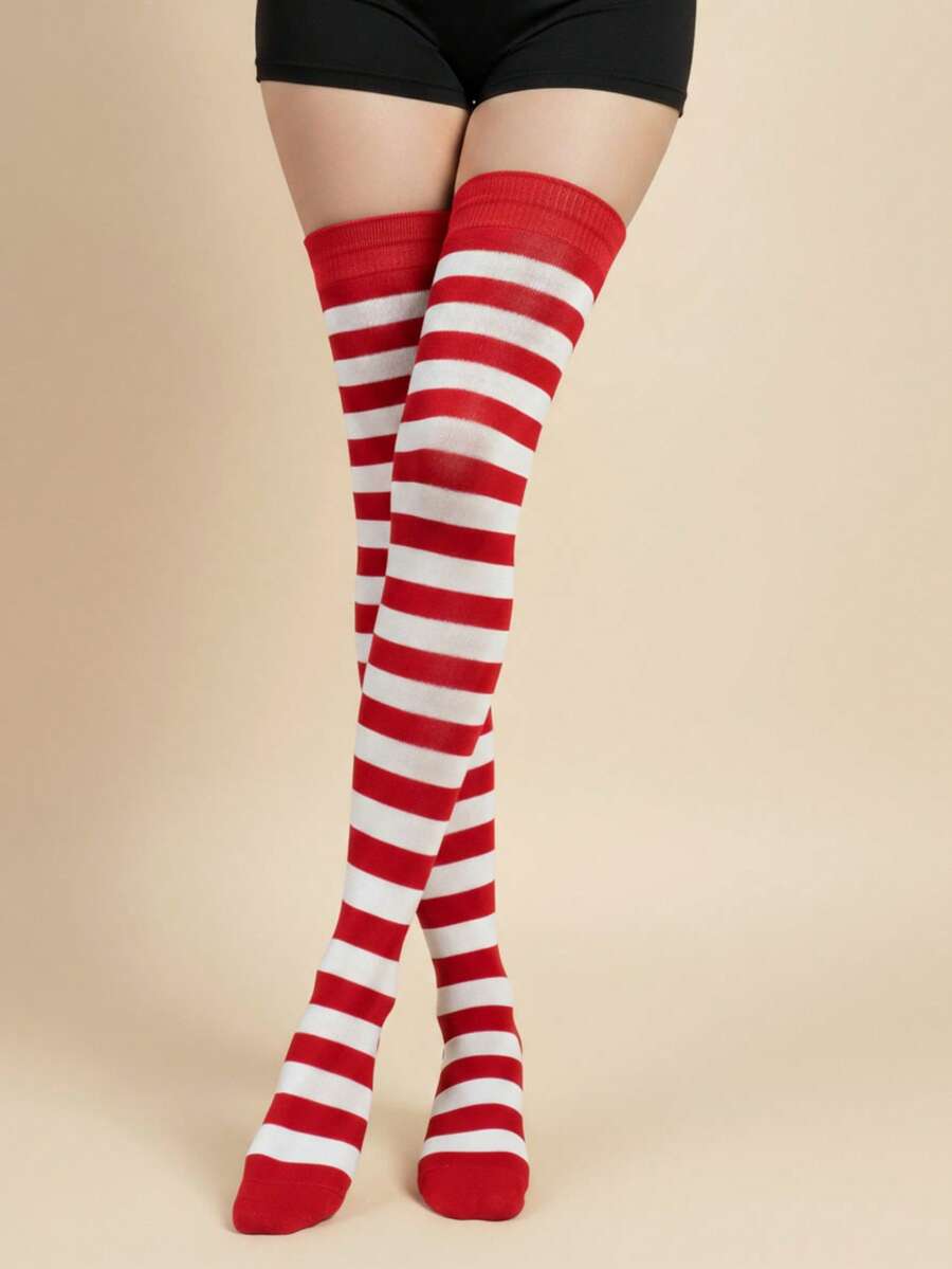 Calcetas largas de rayas diseño divertido para dama, medias por encima de la rodilla - Rojo y blanco - Ver 1