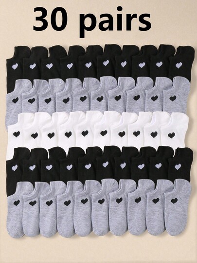 30 pares de calcetines tipo barco para niños en colores negro, blanco y gris, calcetines cortos, calcetines cortos con forma de corazón, calcetines deportivos, adecuados para la vida diaria/vestir, niños y niñas, transpirables, cómodos, suaves, (1-16 años)