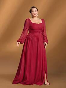 Faeriesty Oszałamiająca, plus-size'owa, elegancka suknia wieczorowa dla matki panny młodej: pochlebny dekolt w kształcie serca, romantyczne rękawy typu lampion, seksowne wysokie rozcięcie i zwiewna spódnica w kształcie litery A - idealna na ceremonie ślubne, wielkie wieczorne gale, ekskluzywne przyjęcia, ważne uroczystości rodzinne i formalne kolacje.