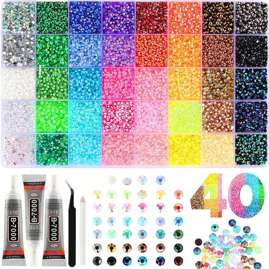 40 colores de gemas de resina de gelatina para decorar, 32,000 piezas de gemas planas de 3mm para manualidades, kit de decoración con 3 piezas de pegamento B7000 para ropa, zapatos, uñas y arte de diamantes