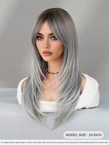 Gorgeous-24 Inch Layered Grey Wigs For Women, Long Straight Wigs With Curtain Bangs, High Density Fluffy Synthetic Heat Resistant Fiber Hair Wig For Anime Cosplay Wear, Music Festival Party Use - 漸變灰色 - 查看 3