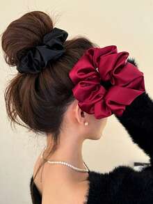 2pcs/1pc Women 5.51in/14cm Super Large Silk Satin Black/Red Scrunchie, Fashion Versatile High-End Elegant Simple Solid Color Ponytail Holder, Suitable For Daily Casual, Commute, Vacation, Hairstyling, Makeup, Outfit Matching Accessories Scrunchies Hair Ties Scrunchy Hair Ties