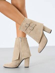 Botas de cano curto com salto grosso, modelo slip-on, em patchwork, cor sólida, confortáveis, para o trabalho ou deslocamento, coleção outono/inverno 2025. Estilo western, perfeitas para usar com calças. - Damasco - Ver 3