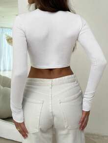 1 pieza Blusa casual de mujer de cuello redondo, manga larga y corta, color blanco, para primavera - Blanco - Ver 3