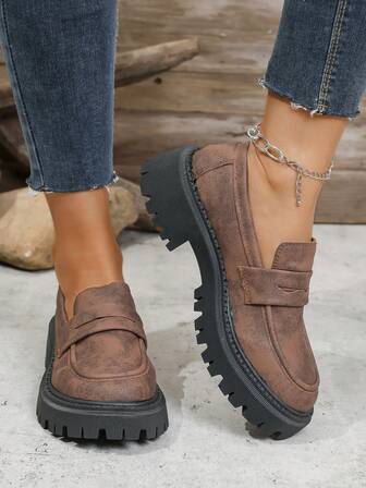 Retro brittiska loafers med tjock sula för kvinnor, slip-on oxfordskor för fritid och studentskor för utomhusbruk