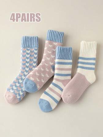 가을과 겨울 플러시 방한 하트 모양 미드-카프 따뜻한 단색 두꺼운 양말 1/4켤레, 통기성, 편안하고 흡수성이 좋은 양말, 일상복, 스포츠, 사무실 및 캐주얼 스타일에 적합, 사계절 선물로 완벽함