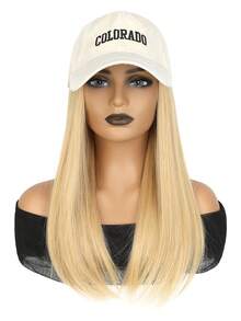 1pc Women's Mid-Length Straight Hair Embroidered Baseball Cap With Synthetic Fiber Wig, Heat Resistant, Suitable For Daily Wear - Multicolor - View 4