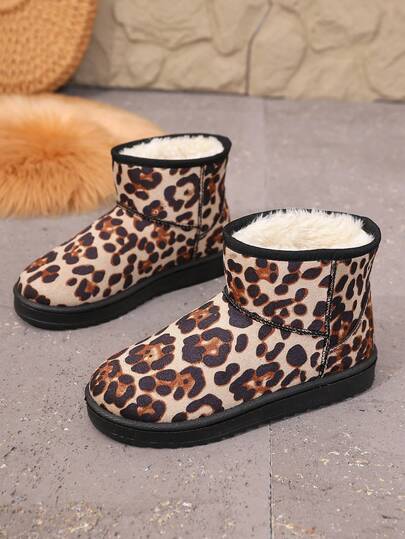 1 Pair Casual Leopard Print Faux Thermal Lined Flat Ankle Snow Boots For Women, Warm Outdoor Short Boots Suitable For Winter