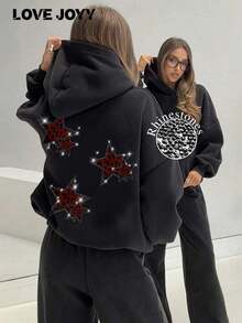 LOVE JOYY High Street Fashion Women Loose Long Sleeve Pullover Hoodie With Angel Wings Rhinestone Decor, Pocket, Blingbling Streetwear, Autumn/WinterY2Y-W- Gras - Đen 6 - Xem 12