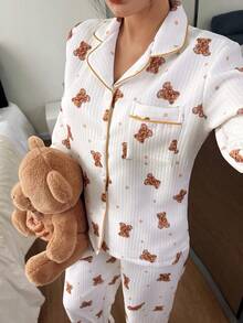 2 piezas Conjunto de pijama de invierno para mujer, top de manga larga grueso y pantalones con lindo diseño de oso, traje de ropa de dormir y de estar en casa - Albaricoque - Ver 4
