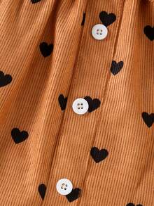 女童心形图案灯芯绒迷你裙，带蝴蝶结装饰 - 前扣设计，复古风格儿童裙，常规版型，春秋季休闲穿着，可爱情人节女童连衣裙 - 棕色 - 查看 7