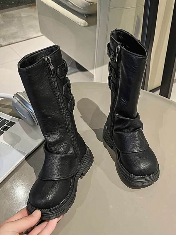 1 Par de Botas com Forro de Fleece, Decoração de Fivela e Design de Punho para Meninas, Zíper Lateral, Sola Macia, Resistente ao Desgaste e Antiderrapante, Adequado para Uso Interno, Externo, Viagem, Outono e Inverno