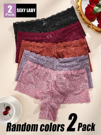 2pcs/Set Women Lace Panties - Solid Color Elegant Floral Lace - Random Colors - Comfortable & Fitting Ladies Lace Briefs - Holiday - Gift - Surprise - Date