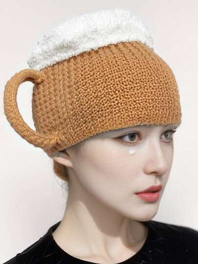 1 pieza Gorro de punto divertido con diseño de jarra de cerveza, gorra de invierno cálida y unisex