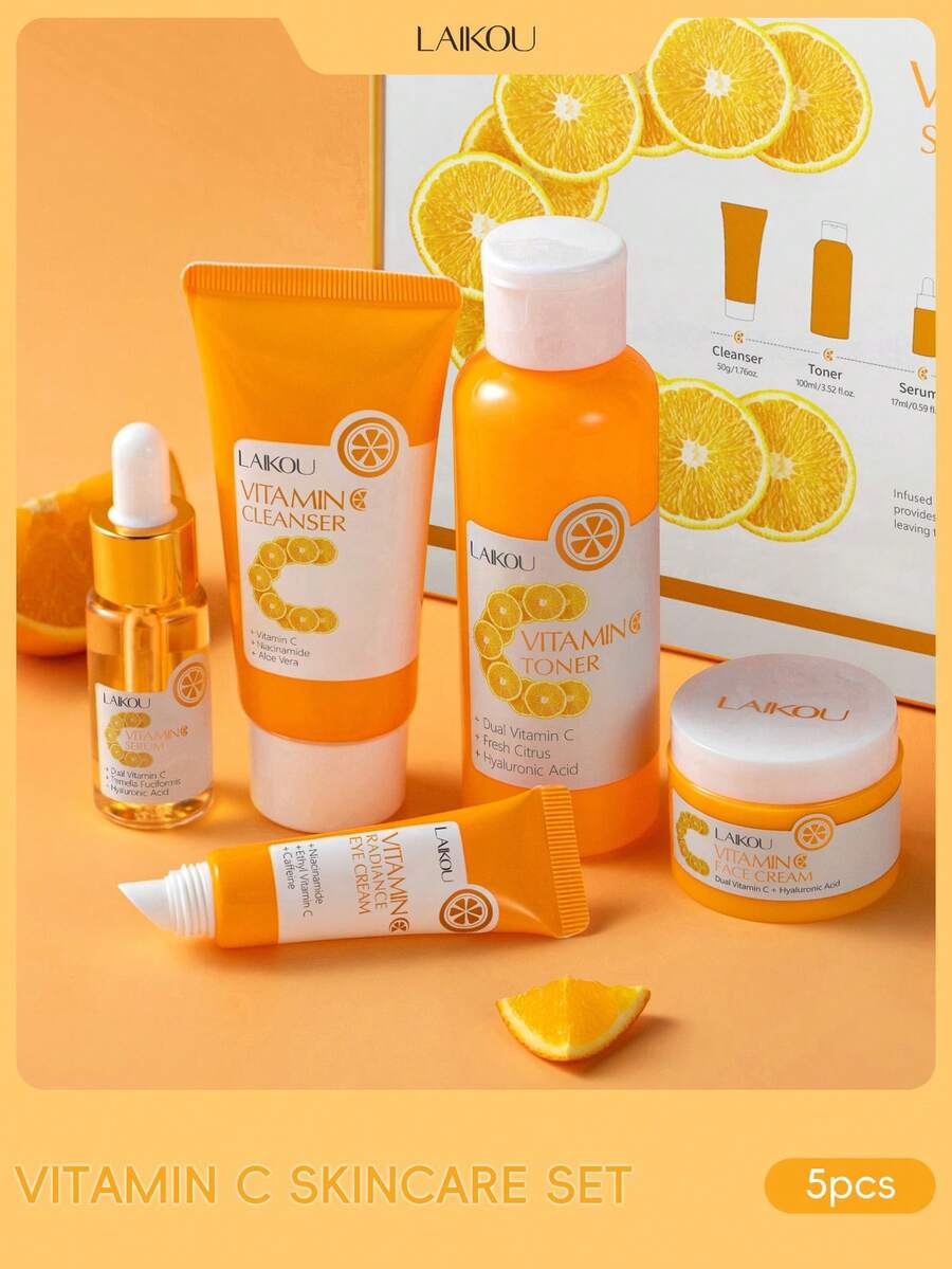 LAIKOU Vitamin C Brightening Skincare Set, Includes 5 Products (50g Pore Cleansing Facial Wash, 100ml Oil-Control Toner, 17ml Essence, 15g Eye Cream, 25g Moisturizer), Suitable For All Skin Types, Hydrating & Brightening, Ideal Gift For Mom Or Christmas