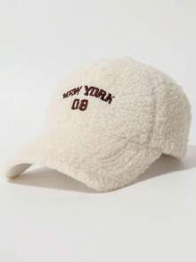 Classic Solid Color Faux Shearling Embroidered Letter Baseball Cap, Fashionable Outdoor Upgrade Women's Charm, Versatile Fluffy Baseball Cap, Embroidered Letter Casual Streetwear Party Cap, Polyester, Autumn/Winter