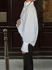 秋季新款甜美清新百搭优雅通勤宽松立领灯笼袖长袖休闲提花衬衫女上衣 - 白色 - 查看 7