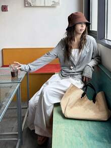 女士宽松休闲薄款分层设计套头衫 - 灰色 - 查看 8