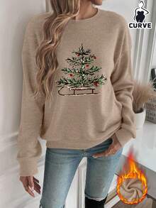 Weihnachten, Weihnachtsbaum, Weihnachtsmann Schlitten Muster Damen Große Größen Lässig Warm Fleece Sweatshirt (Herbst/Winter), Herbst Damenbekleidung, Warme Kleidung, Winterbekleidung, Jacke, Thanksgiving Geschenk, Partykleid